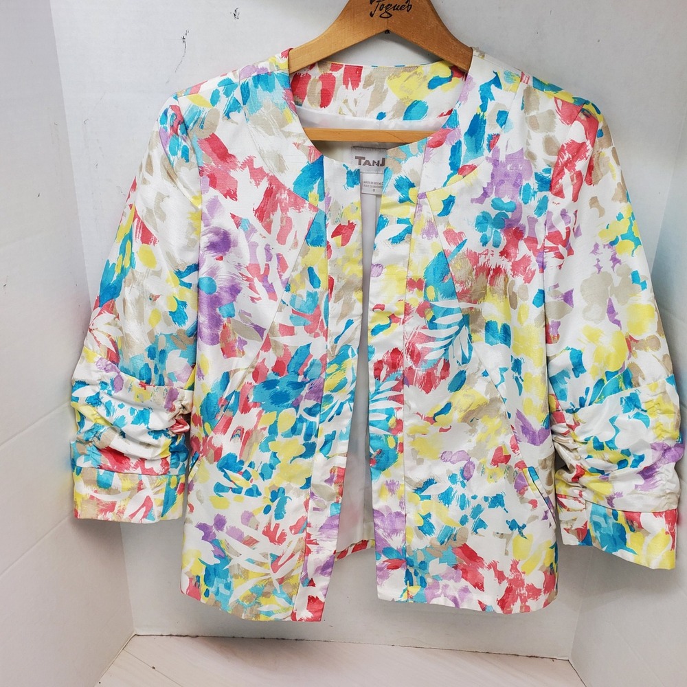 Tan Jay Blazer Size 8 Multicolor Abstract Open Front Blazer 3/4 Sleeve Artistic